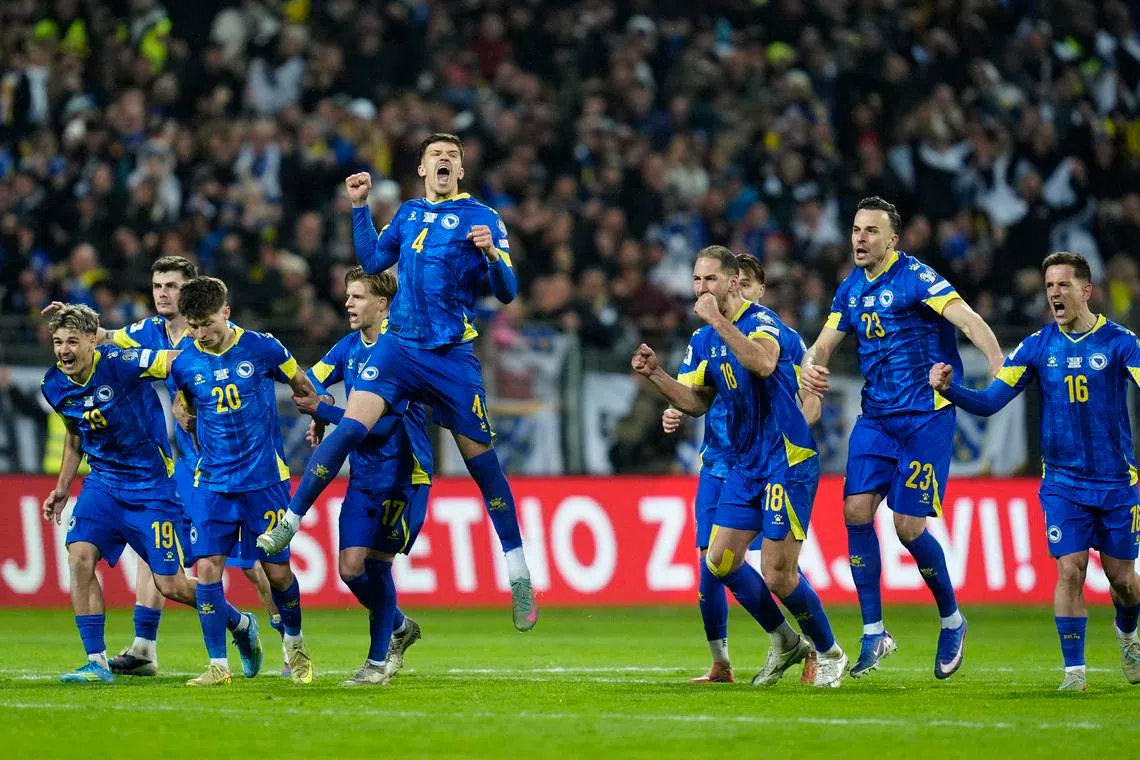 Bosnia and Herzegovina players celebrate during the penalty shootout against Italy.