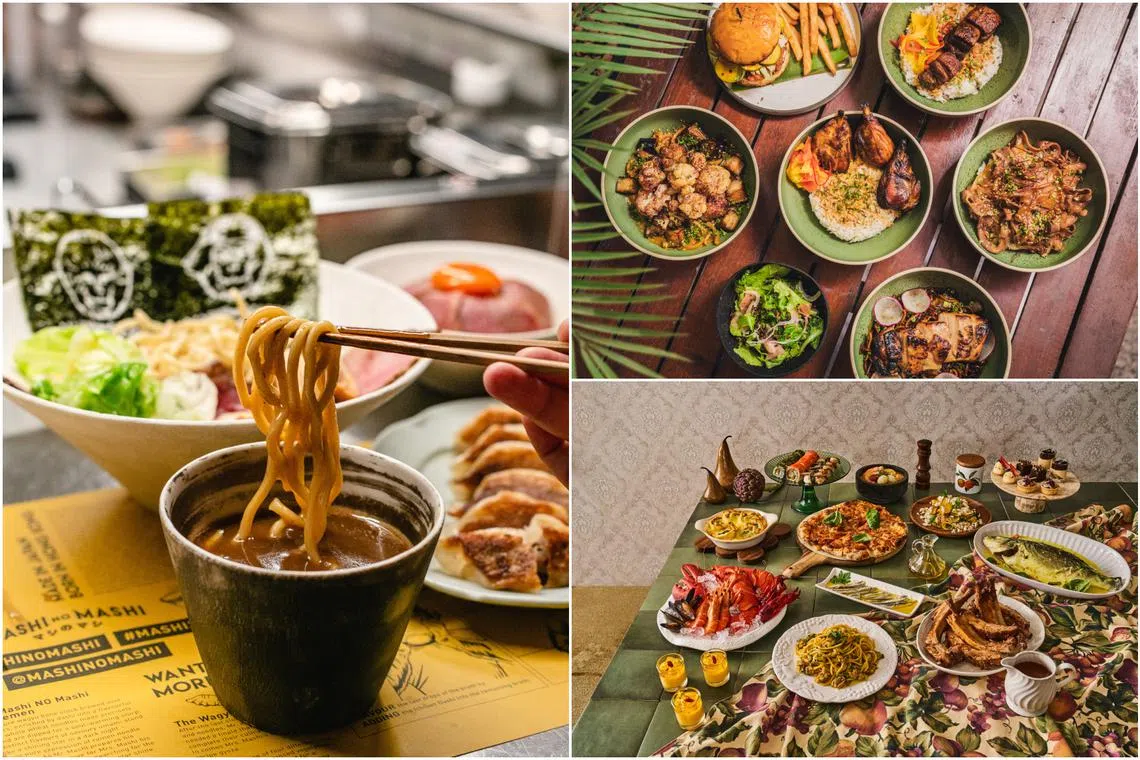 (Clockwise from left) Wagyu Tsukemen from Mashi No Mashi, weekday lunch sets from Kubo's pop-up at Tipsy Hippo, and buffet offerings at Luce.