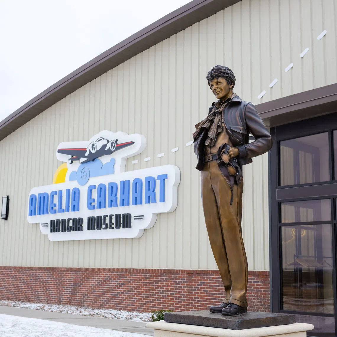 A statue of Amelia Earhart at the Amelia Earhart Hangar Museum in Atchison, Kansas, on Feb 16, 2024.