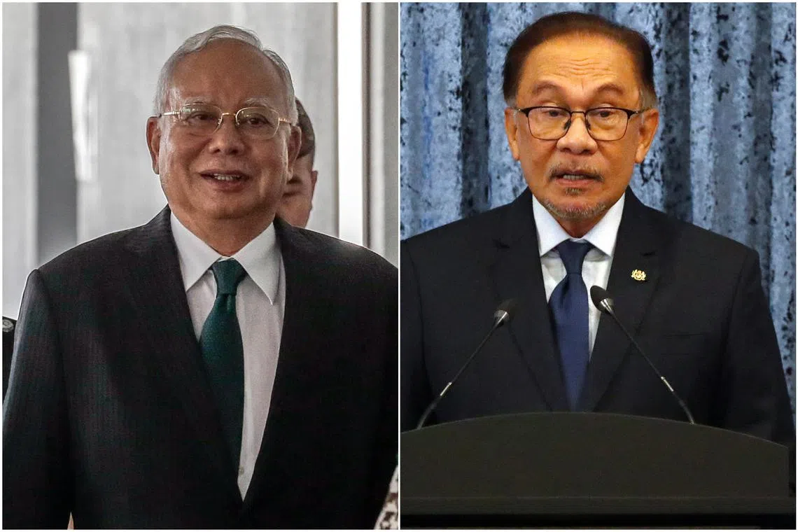 The move to grant Najib Razak (left) a sentence reduction would cause urban supporters of Malaysian PM Anwar Ibrahim’s Pakatan Harapan to question his reform agenda.