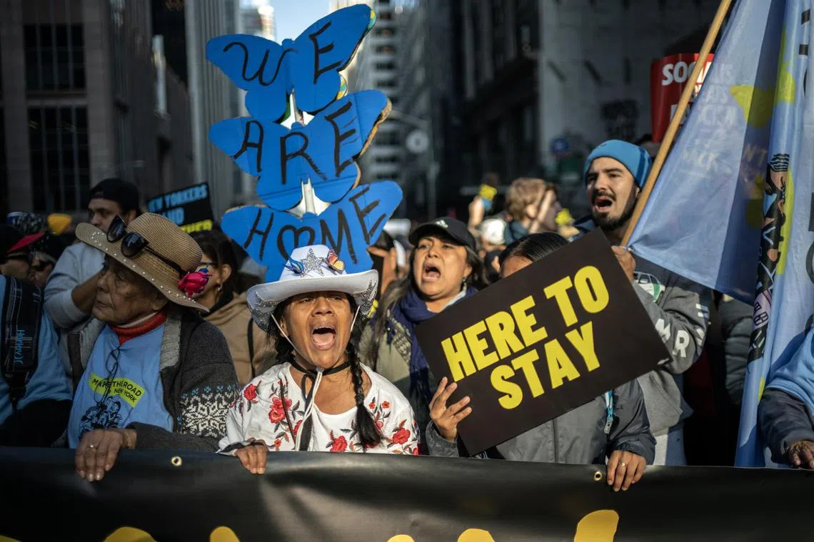 FILE — Demonstrators march to show support for immigrant families in New York, Nov. 9, 2024. President-elect Donald Trump confirmed on Monday, Nov. 18, 2024, that he intended to declare a national emergency and use the U.S. military in some form to assist in his plans for mass deportations of undocumented immigrants. (Victor J. Blue/The New York Times)



