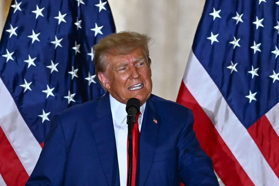 Former US president Donald Trump speaks during a press conference following his court appearance over an alleged 'hush-money' payment, at his Mar-a-Lago estate in Palm Beach, Florida, on April 4, 2023. (Photo by CHANDAN KHANNA / AFP)