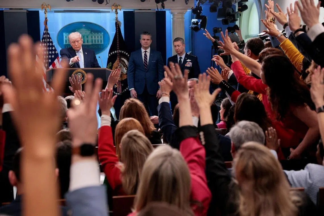 US President Donald Trump takes questions during a press conference in the James S. Brady Press Briefing Room at the White House in Washington on April 6.