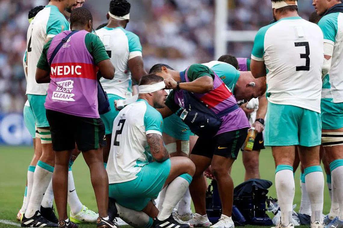 FILE PHOTO: Rugby Union - Rugby World Cup 2023 - Pool B - South Africa v Scotland - Orange Velodrome, Marseille, France - September 10, 2023 South Africa's Malcolm Marx receives medical attention after sustaining an injury REUTERS/Benoit Tessier/File Photo
