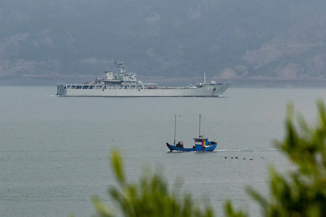 A Chinese warship taking part in a military drill near Fuzhou in China's Fujian province, across from the Taiwan-controlled Matsu Islands, on April 11, 2023.