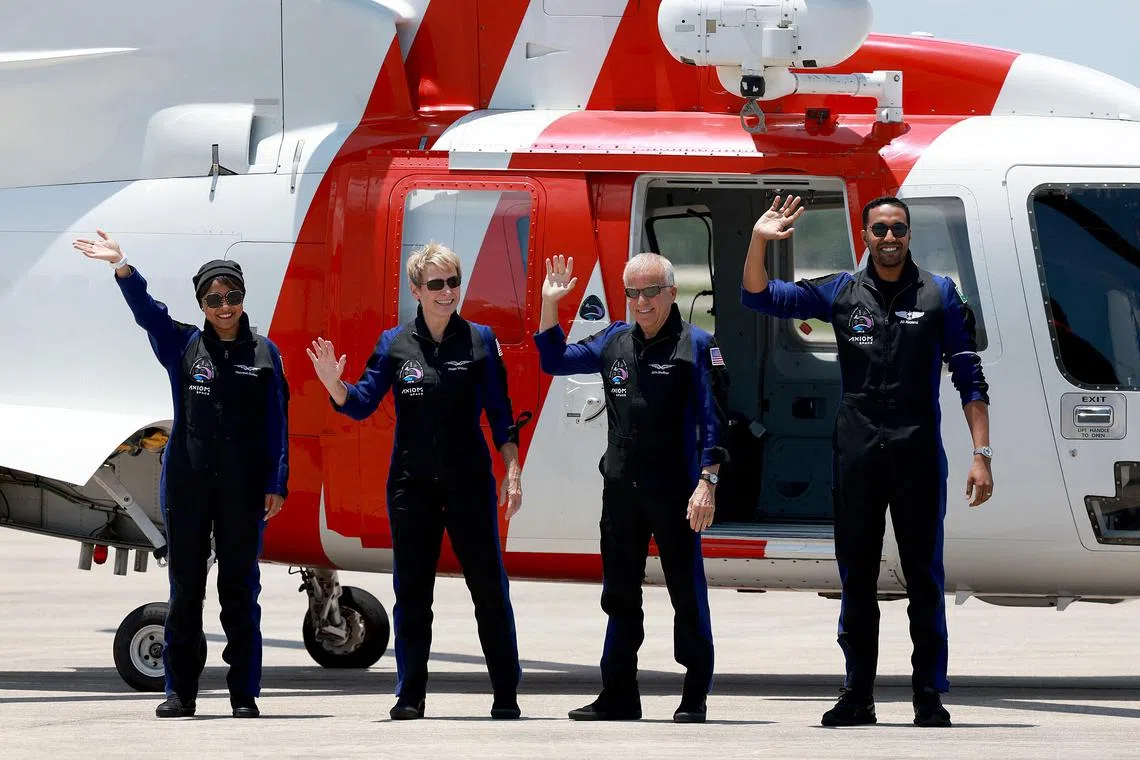 An all-private astronaut team of two Americans and two Saudis, including the first Arab woman wave before being brought to the SpaceX Falcon 9 rocket with the Crew Dragon spacecraft for launch on May 21, 2023.