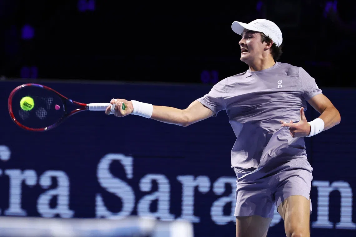 Tennis - ATP 500 - Swiss Indoors Basel - St. Jakobshalle, Basel, Switzerland - October 25, 2025 Brazil's Joao Fonseca in action during his semi-final match against Spain's Jaume Munar REUTERS/Pierre Albouy