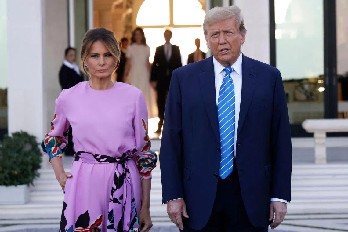 PALM BEACH, FLORIDA - APRIL 6: Republican presidential candidate, former US President Donald Trump, arrives at the home of billionaire investor John Paulson, with former first lady Melania Trump, on April 6, 2024 in Palm Beach, Florida. Donald Trump's campaign is expecting to raise more than 40 million dollars when major donors gather for his biggest fundraiser yet. The event is billed as the "Inaugural Leadership Dinner".   Alon Skuy/Getty Images/AFP (Photo by Alon Skuy / GETTY IMAGES NORTH AMERICA / Getty Images via AFP)