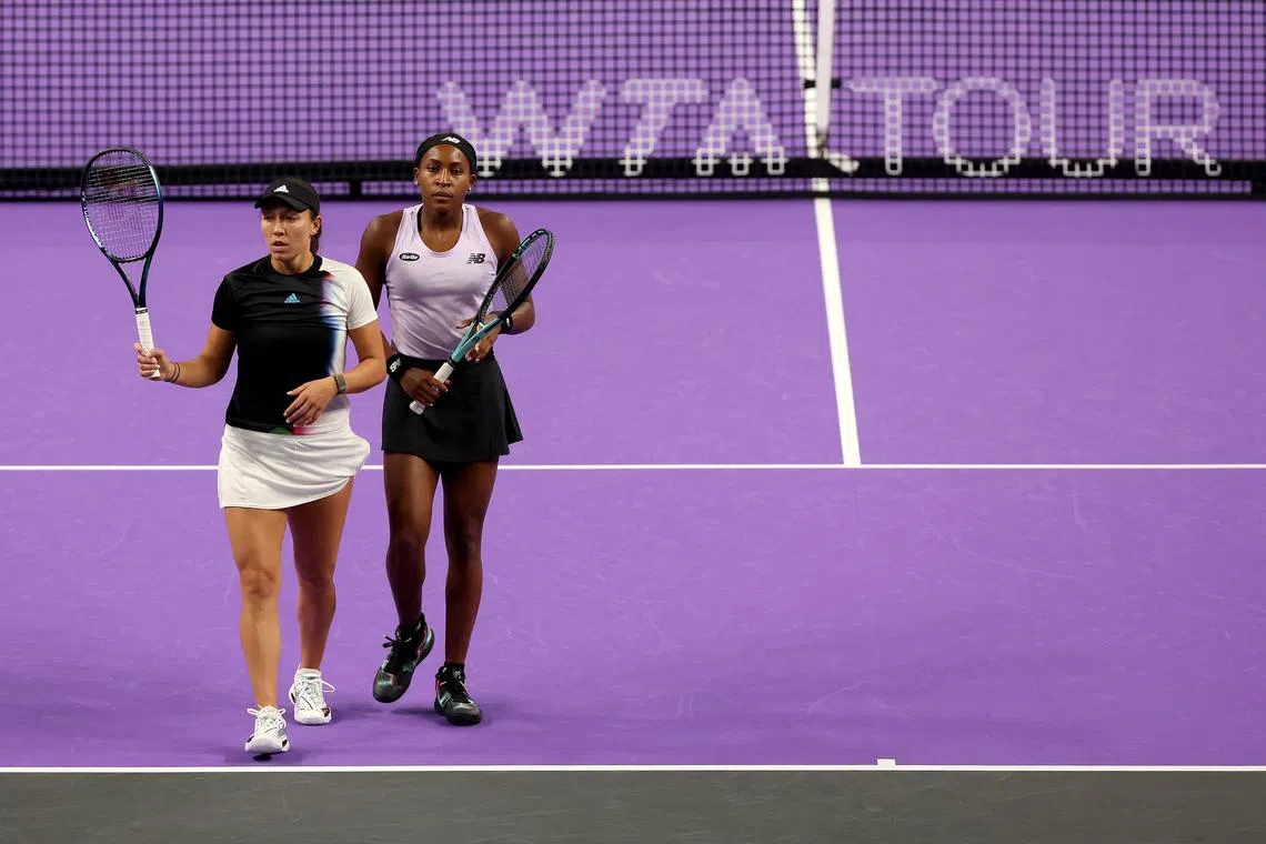 Jessica Pegula (left) and Coco Gauff at theWomen's Doubles Group Stage match during the 2022 WTA Finals at Dickies Arena on Oct 31.