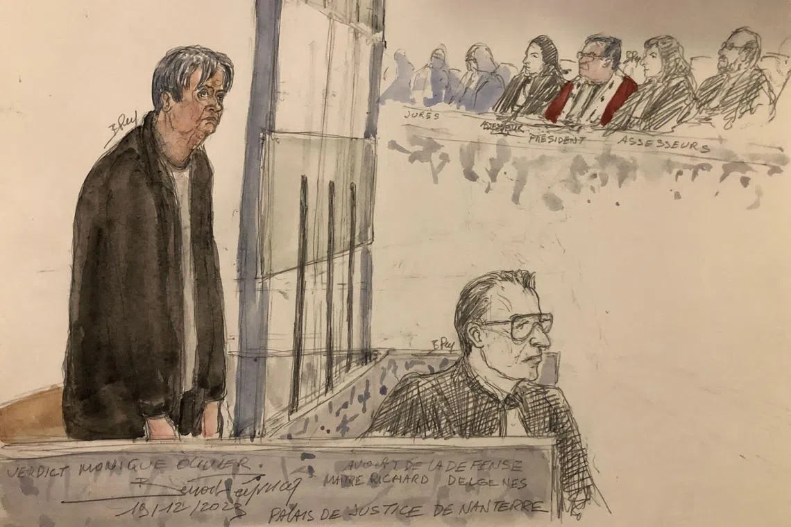 This court sketch made on December 19, 2023 shows Monique Olivier (L), ex-wife of serial killer Michel Fourniret during the verdict hearing of her trial at the Assize Court in Nanterre, western Paris. After three long weeks of hearings and more than ten hours of deliberation, Monique Olivier was sentenced on December 19, 2023 by the Hauts-de-Seine Assize Court to life imprisonment, with a 20-year security period, for her complicity in three kidnappings and murders committed by her ex-husband Michel Fourniret. (Photo by Benoit PEYRUCQ / AFP)