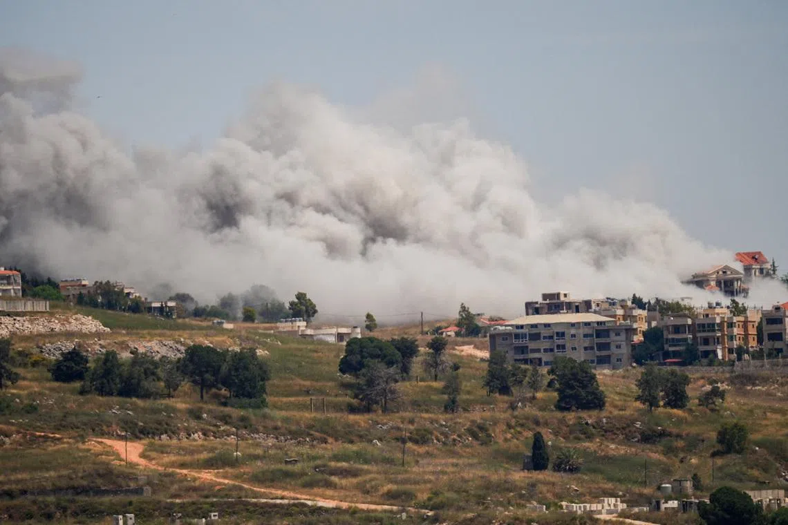 Smoke billows from southern Lebanon, following Israeli strikes, as seen from Nabatieh, Lebanon, June 3, 2026. REUTERS/Stringer