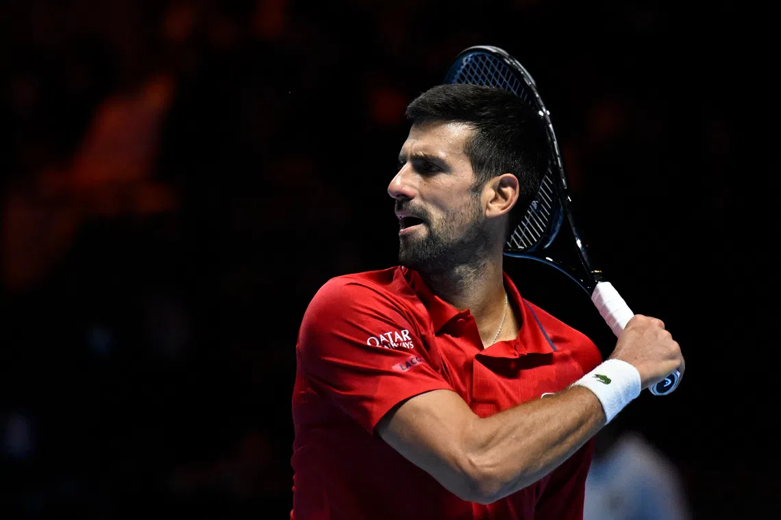 Serbia's Novak Djokovic reacts during his third place match against Taylor Fritz on Oct 18 in Riyadh, Saudi Arabia.