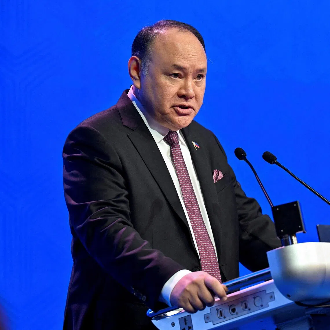 The Philippines’ Defence Secretary Gilberto Teodoro Jr speaking at the Shangri-La Dialogue security summit in Singapore on May 31.