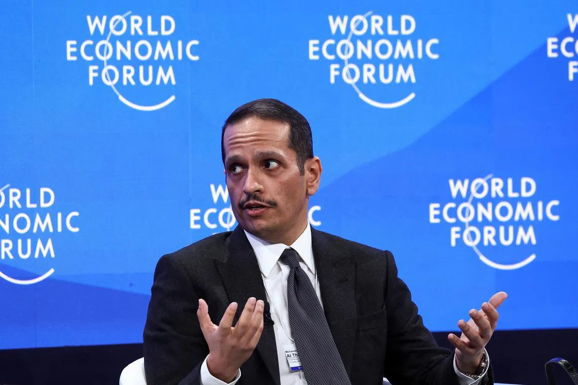 Qatar’s Prime Minister and Foreign Minister Sheikh Mohammed bin Abdulrahman bin Jassim Al-Thani speaks during the 55th annual meeting of the World Economic Forum (WEF) in Davos, Switzerland, January 21, 2025. REUTERS/Yves Herman