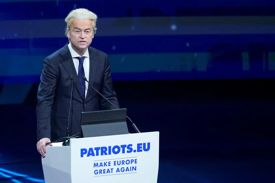 Dutch far-right leader Geert Wilders speaks as Spanish far-right party VOX holds rally with other European far-right leaders in Madrid, Spain, February 8, 2025. REUTERS/Ana Beltran/File Photo