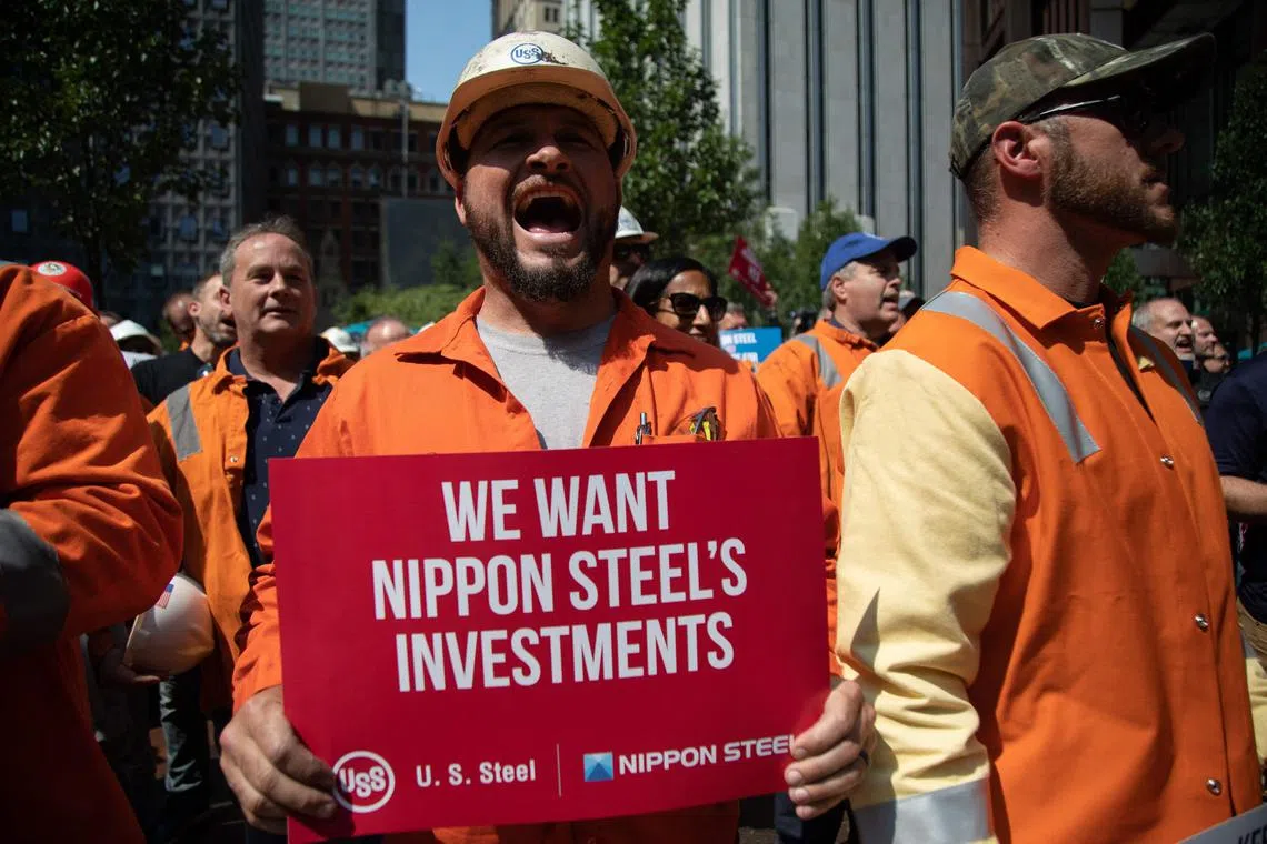 US Steel workers rally in support of the takeover by Japan's Nippon Steel, in Pittsburgh, Pennsylvania, on Sept 4.