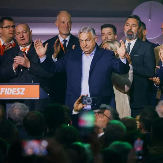 Hungarian Prime Minister Viktor Orban reacting onstage after the announcement of the partial results of parliamentary election in Budapest, Hungary.