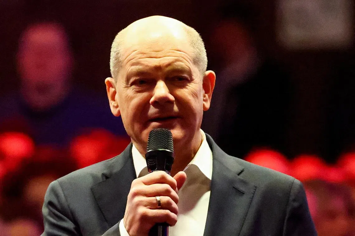 German Chancellor Olaf Scholz of the Social Democratic party (SPD) speaks during his election campaign rally in Munich, Germany, February 15, 2025. REUTERS/Kai Pfaffenbach
