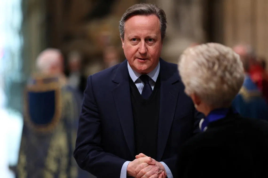 FILE PHOTO: Britain's Foreign Secretary David Cameron arrives for the annual Commonwealth Day service ceremony at Westminster Abbey in London, Britain March 11, 2024.  Geoff Pugh/Pool via REUTERS/File Photo