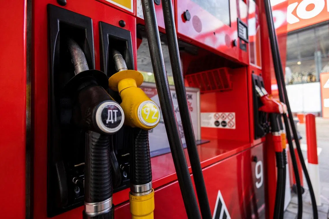 A view shows petrol pump nozzles at a fuel station of Neftmagistral company in Moscow, Russia, September 8, 2023. REUTERS/Maxim Shemetov