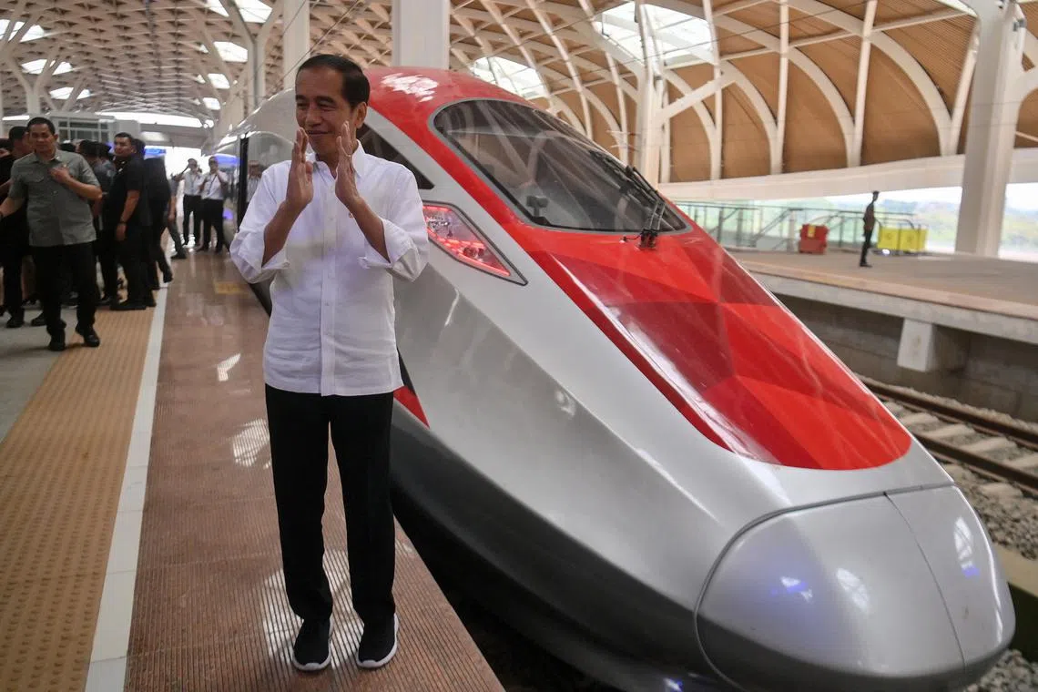 Indonesian President Joko Widodo at the trial of the new Bandung-Jakarta high-speed train in Jakarta on Sept 13, 2023.