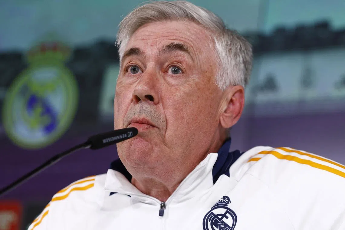 FILE PHOTO: Soccer Football - Real Madrid coach Carlo Ancelotti Press Conference - Ciudad Real Madrid, Valdebebas, Madrid, Spain - May 13, 2025 Real Madrid coach Carlo Ancelotti during a press conference REUTERS/Susana Vera/File Photo