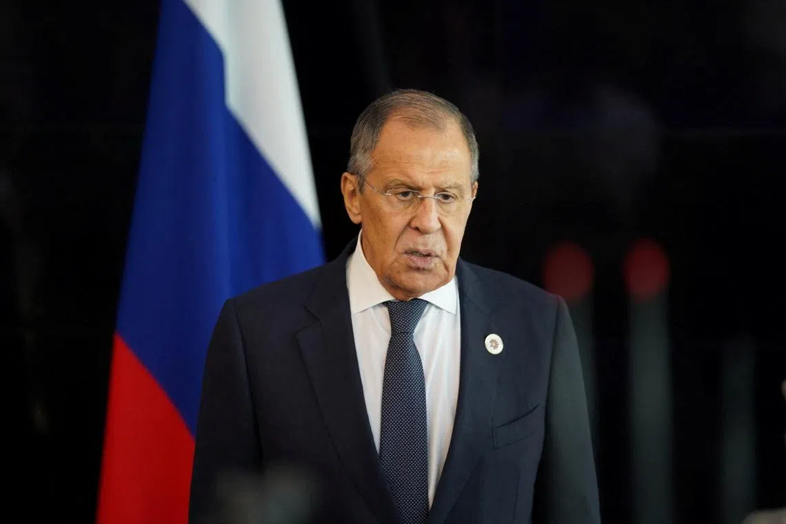 Russian Foreign Minister Sergei Lavrov during a news conference after the Asean summit at Phnom Penh airport on Nov 13, 2022. 