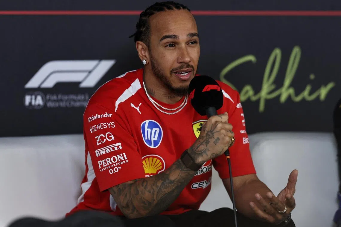 Ferrari's Lewis Hamilton at a press conference during pre-season testing at the Bahrain International Circuit in Sakhir on Feb 18, 2026.