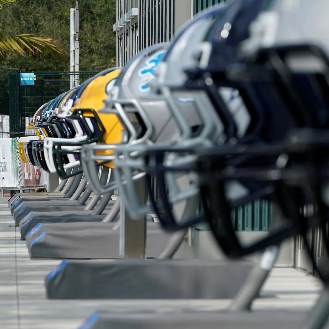 FILE PHOTO: Oversized football helmets surround the convention center as the city hosts Super Bowl LIIV in Miami, Florida, U.S., January 31, 2020. REUTERS/Mike Blake/File Photo