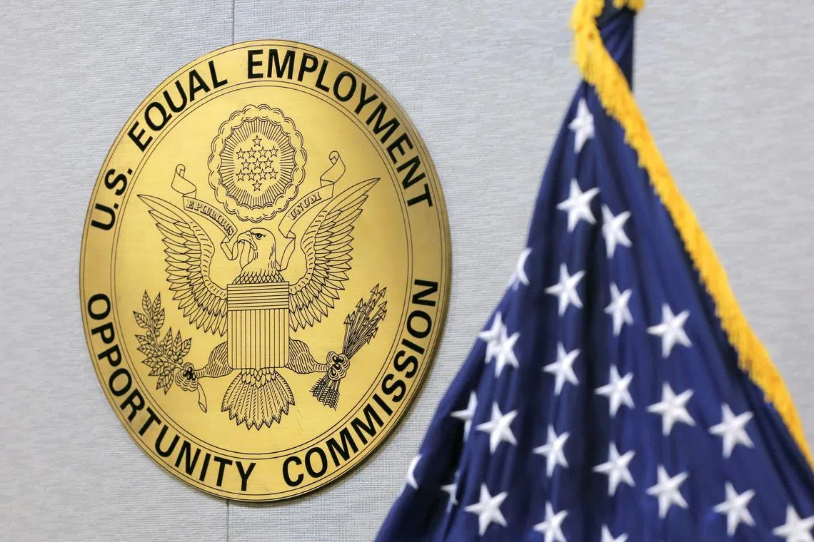 FILE PHOTO: The seal of the United States Equal Employment Opportunity Commission (EEOC) is seen at its headquarters in Washington, D.C., U.S., May 14, 2021. REUTERS/Andrew Kelly/File Photo