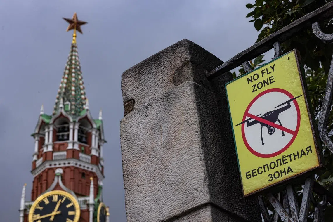 A drone warning outside the Kremlin in Moscow. A network of saboteurs controlled by Russian state services is targeting European countries, Germany’s Spiegel reported, citing Romanian intelligence officials.