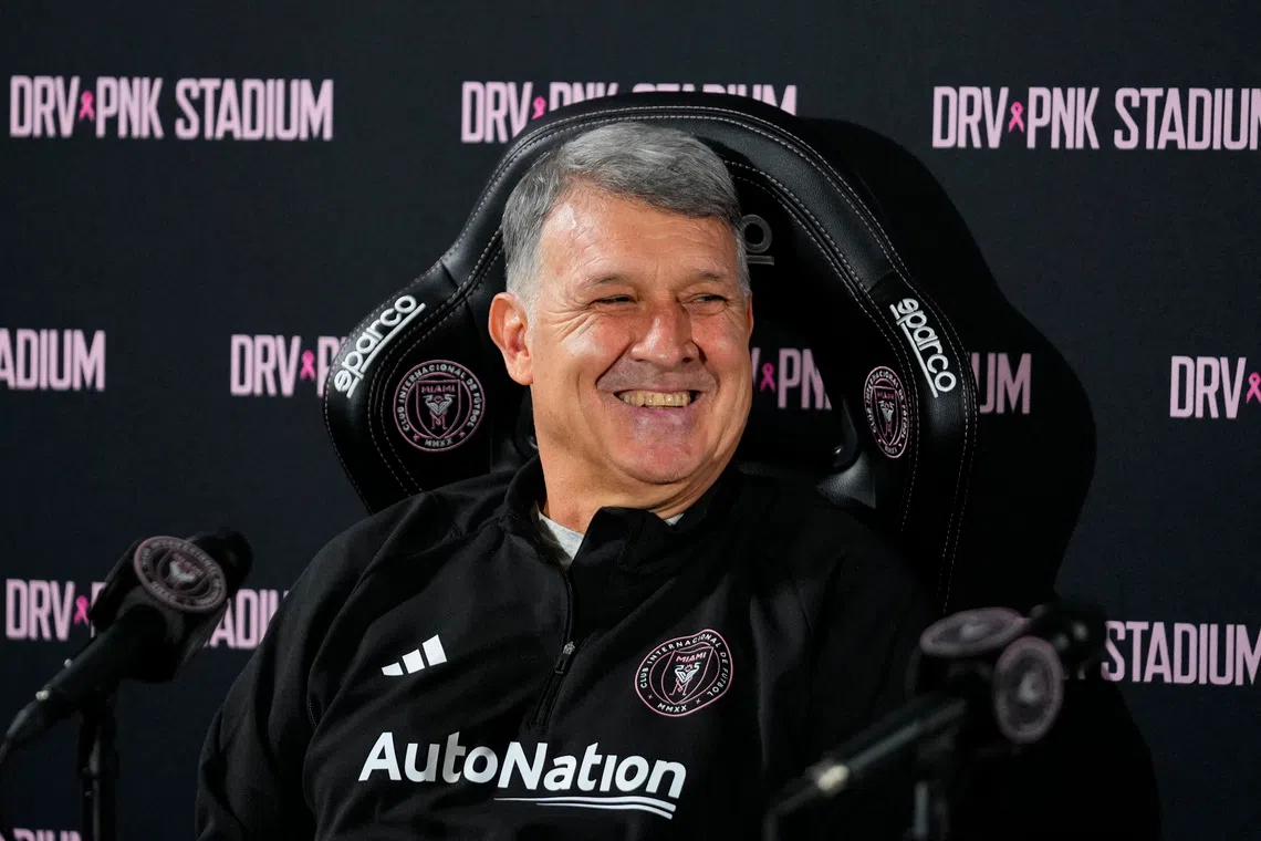 Jun 29, 2023; Miami, FL, USA; Inter Miami CF manager Gerardo “Tata” Martino speaks at a press conference at DRV PNK Stadium. Mandatory Credit: Rich Storry-USA TODAY Sports