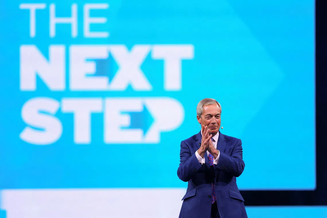 Britain's Reform UK party leader Nigel Farage attends the Reform UK party conference, in Birmingham, Britain, September 6, 2025. REUTERS/Isabel Infantes/File Photo