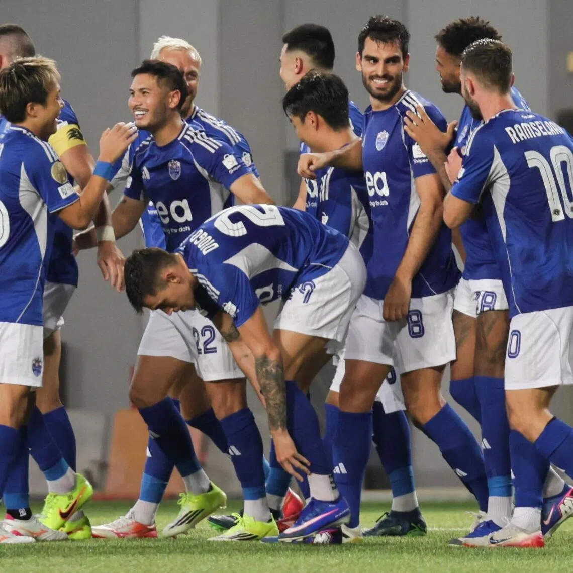 Lion City Sailors players celebrate after scoring a goal against Geylang International at Our Tampines Hub on Apr 26, 2026.