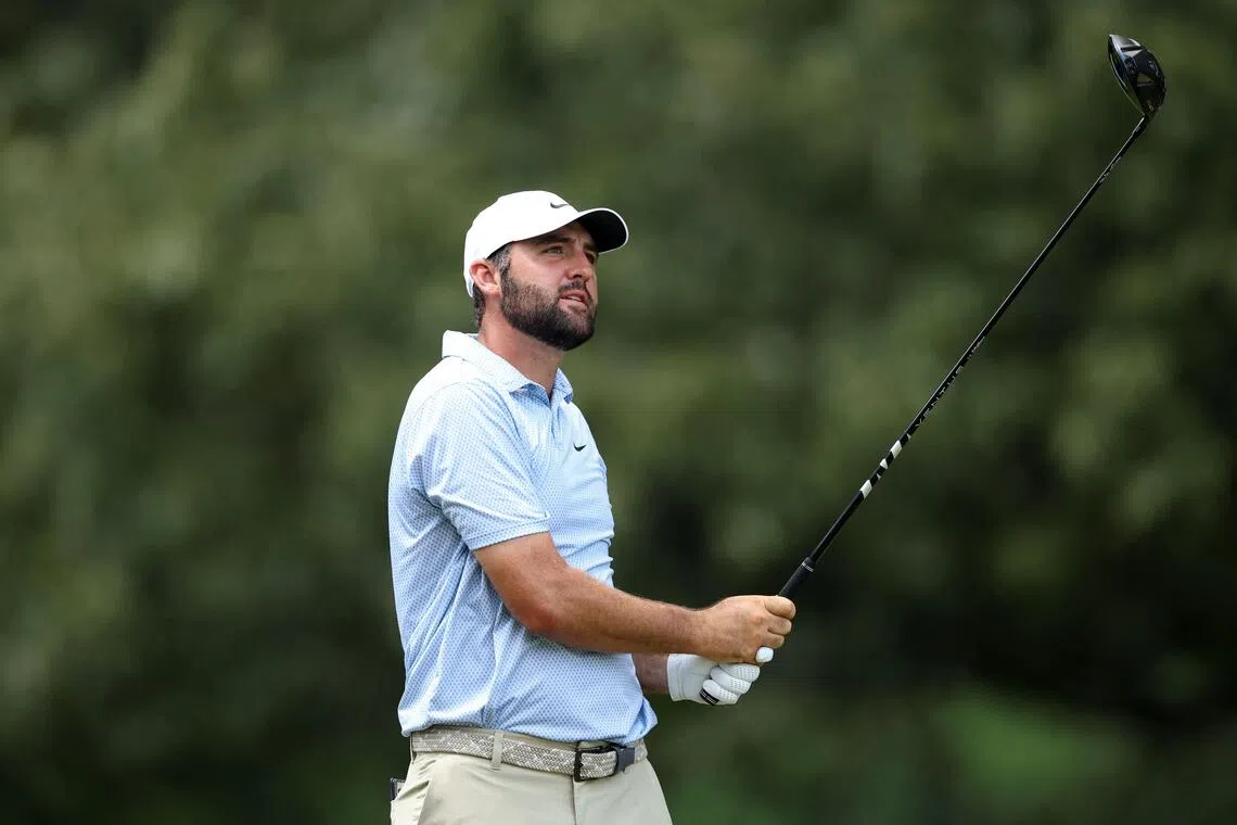 Scottie Scheffler playing his shot from the seventh tee during the final round of the FedEx St Jude Championship on Aug 16.