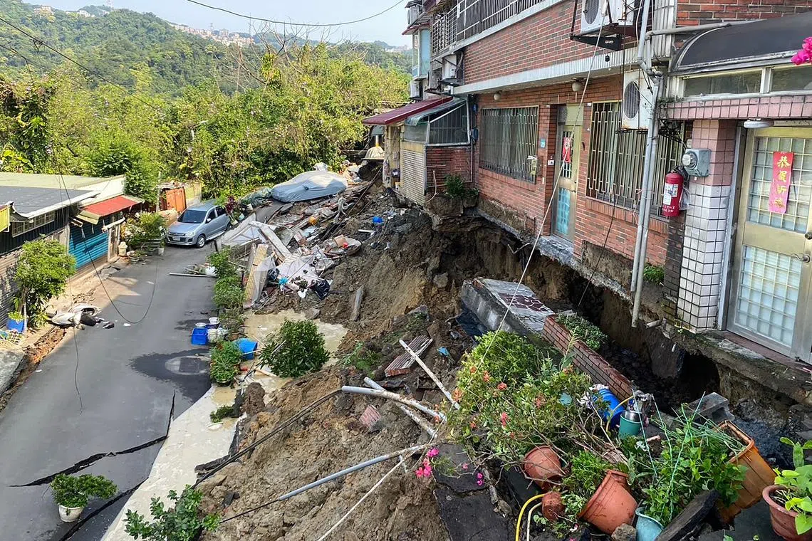 Damaged buildings in the Xindian district of New Taipei City, following a major earthquake in eastern Taiwan on April 3, 2024.