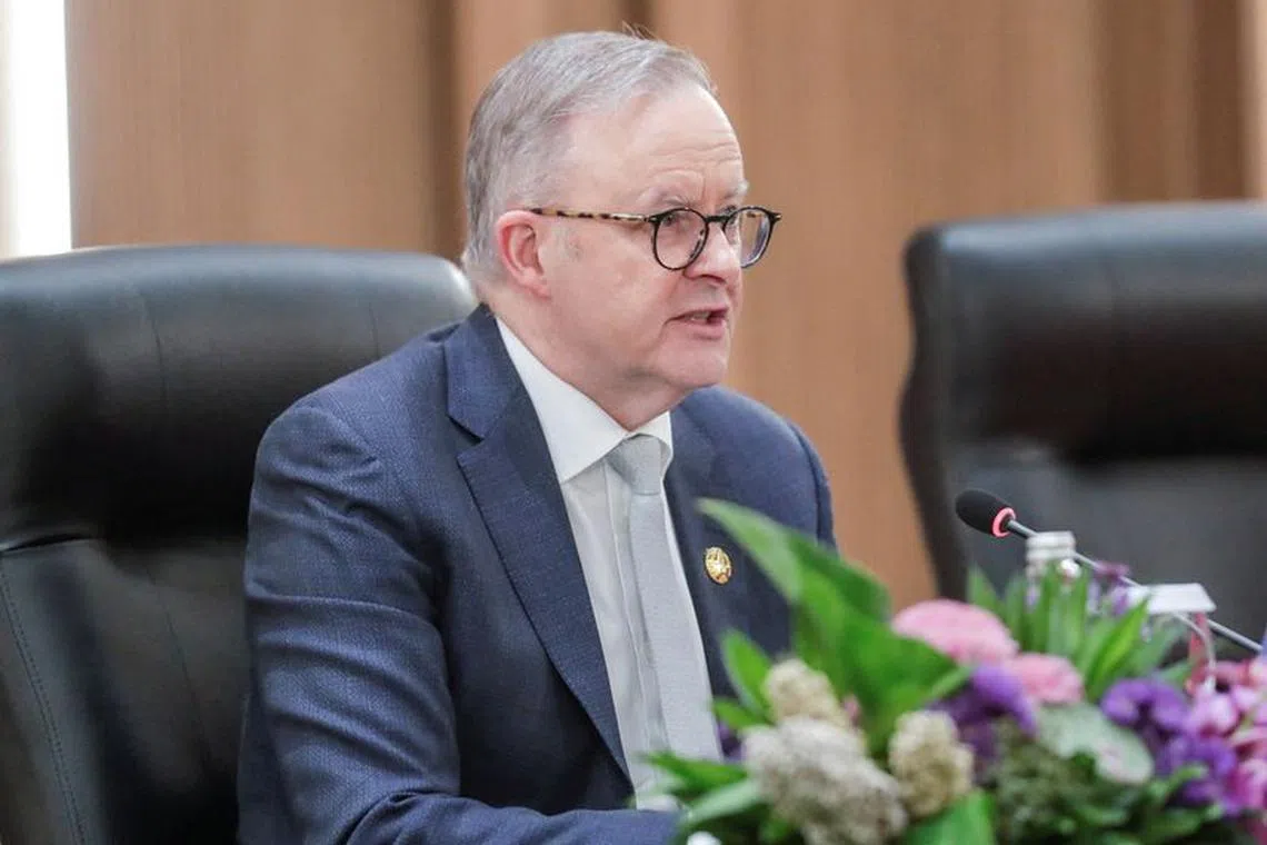 FILE PHOTO: Australia's Prime Minister Anthony Albanese speaks during the bilateral meeting with Indonesia's President Joko Widodo on the sidelines of the 43rd Association of Southeast Asian Nations (ASEAN) Summit in Jakarta, Indonesia, 07 September 2023. BAGUS INDAHONO/Pool via REUTERS/File Photo
