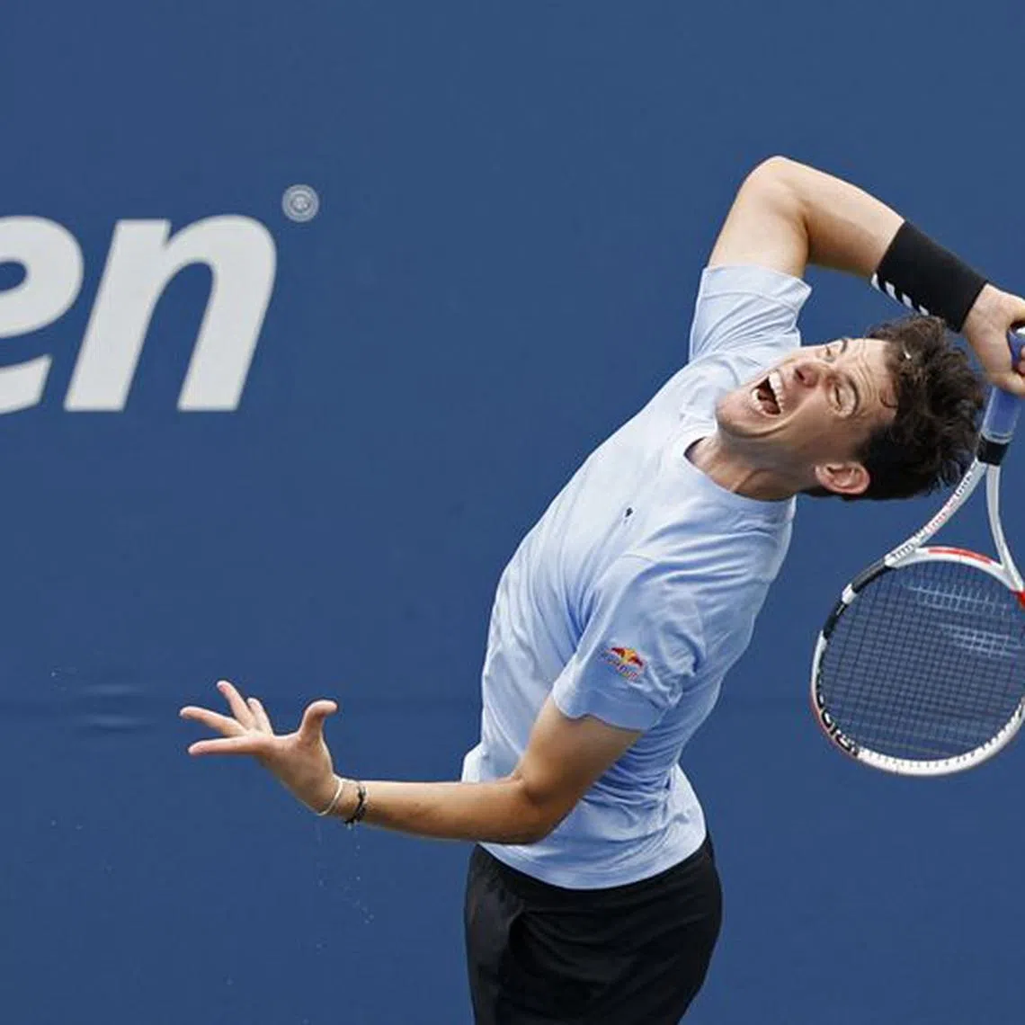 Aug 28, 2023; Flushing, NY, USA; Dominic Thiem of Austria serves against Alexander Bublik of Kazakhstan (not pictured) on day one of the 2023 US Open at the Billie Jean King National Tennis Center. Mandatory Credit: Geoff Burke-USA TODAY Sports