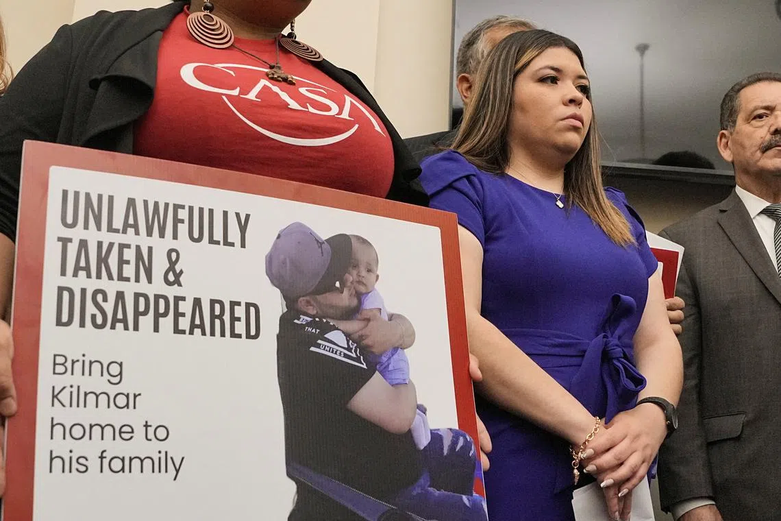 FILE PHOTO: Jennifer Vasquez Sura, wife of Kilmar Abrego Garcia, a Salvadoran migrant who lived in the U.S. legally with a work permit and was erroneously deported to El Salvador, looks on during a press conference with other family members, supporters and members of the Congressional Hispanic Caucus, in  Washington, D.C., U.S., April 9, 2025. REUTERS/Ken Cedeno/File Photo