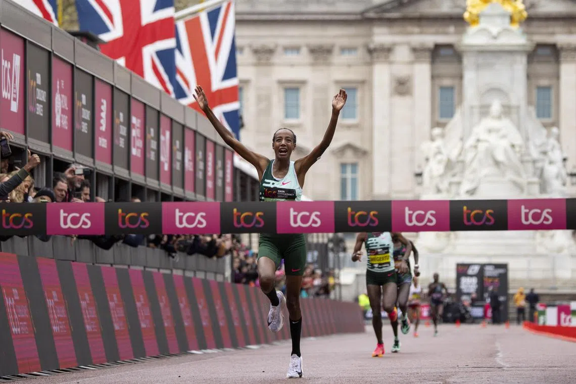 Sifan Hassan of the Netherlands wininng the women's elite race of the London Marathon on Sunday.