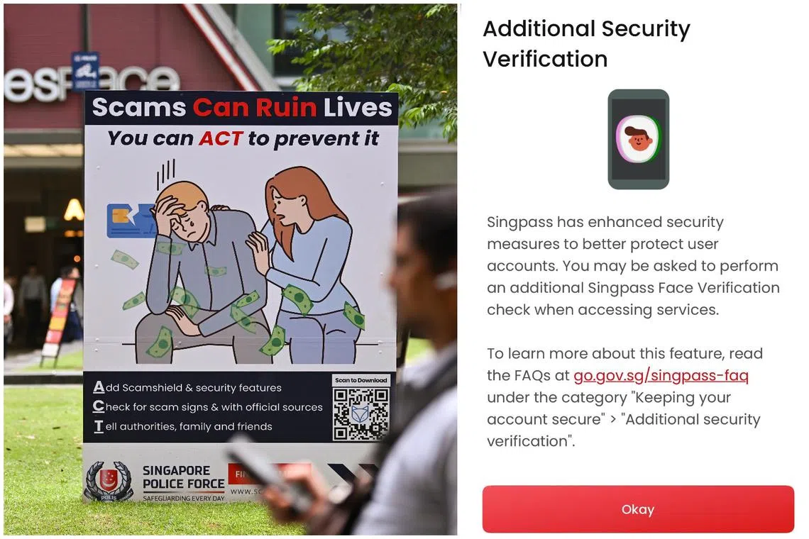 The Singpass face verification (right) applies to suspicious or higher-risk logins..
