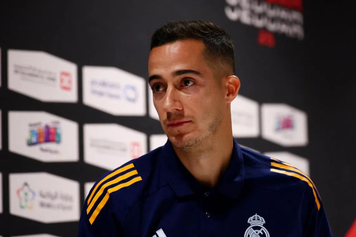 FILE PHOTO: Soccer Football - Spanish Super Cup - Semi Final - Real Madrid Press Conferences - King Abdullah Sports City, Jeddah, Saudi Arabia - January 8, 2025 Real Madrid's Lucas Vazquez during the press conference REUTERS/Pedro Nunes/File Photo