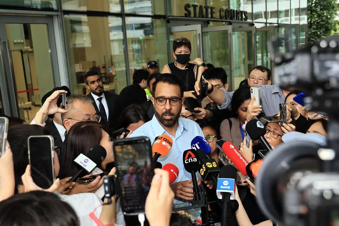 Workers’ Party chief Pritam Singh speaking to the media after leaving the State Courts on Feb 17.