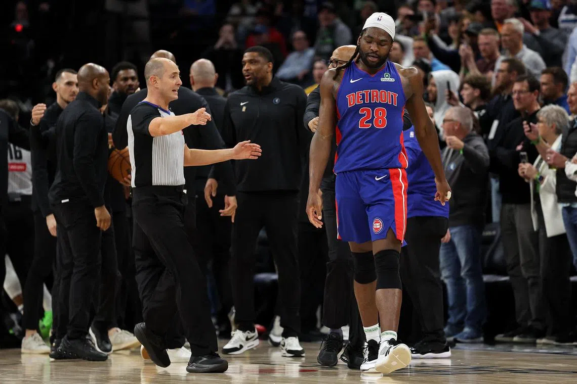 Detroit Pistons centre Isaiah Stewart reacts after a fight against the Minnesota Timberwolves.
