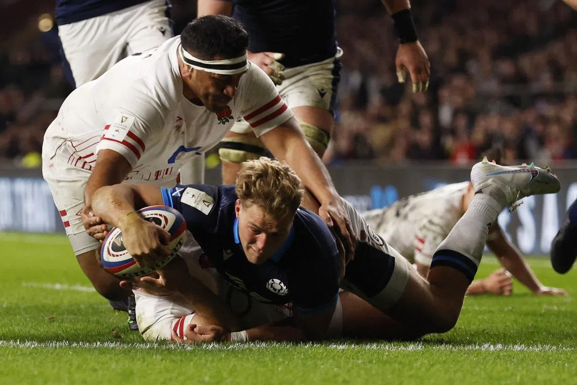 Scotland's Duhan van der Merwe scoring one of this two tries against England on Saturday. 