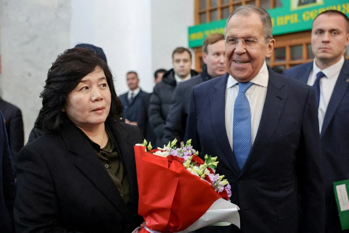 Russian Foreign Minister Sergei Lavrov welcomes his North Korean counterpart Choe Son Hui, in Moscow, Russia, November 1, 2024. Russian Foreign Ministry/Handout via REUTERS