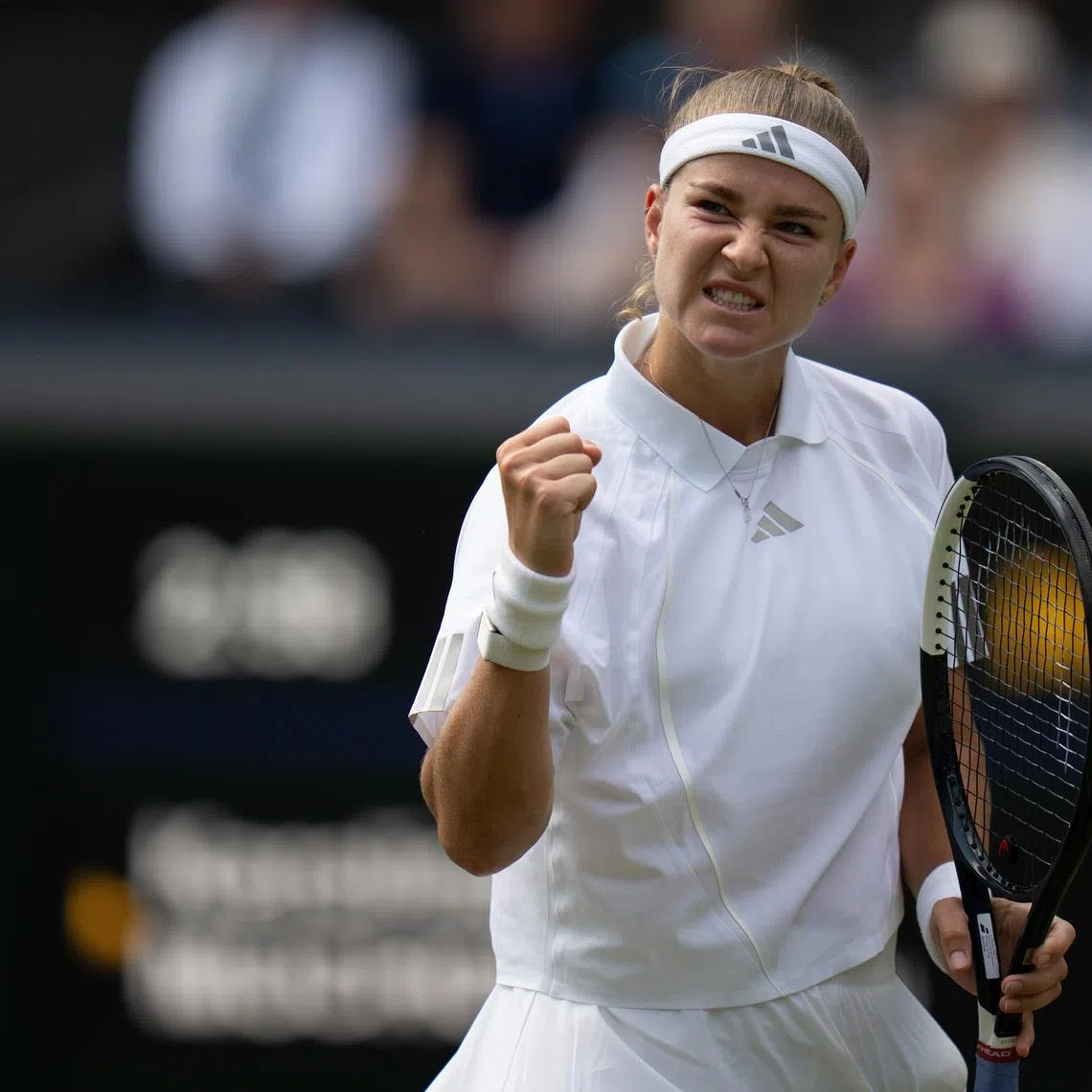 Jul 9, 2026; London, United Kingdom; Karolina Muchova of the Czech Republic reacts during her match against Coco Gauff of the United States on day 11 at All England Lawn Tennis and Croquet Club.  Mandatory Credit: Susan Mullane-Imagn Images