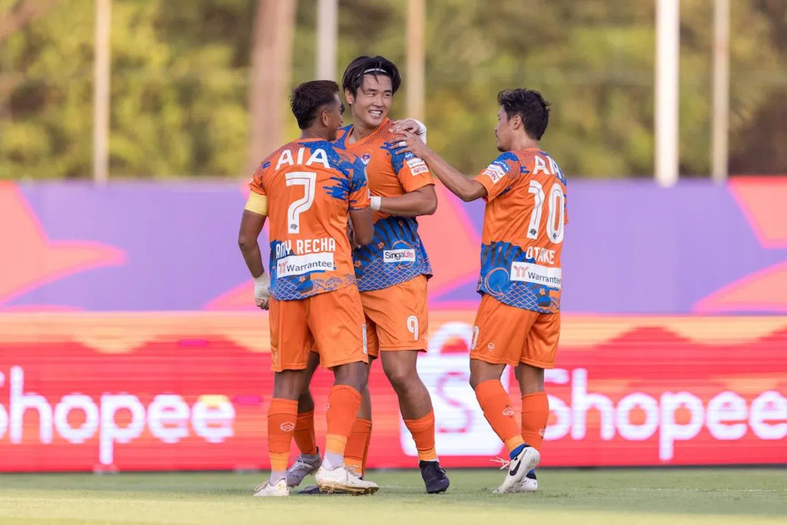 Shuhei Hoshino (centre) celebrates his equaliser for Albirex Niigata against Lion City Sailors on June 23. The header has now been determined to be an offside.