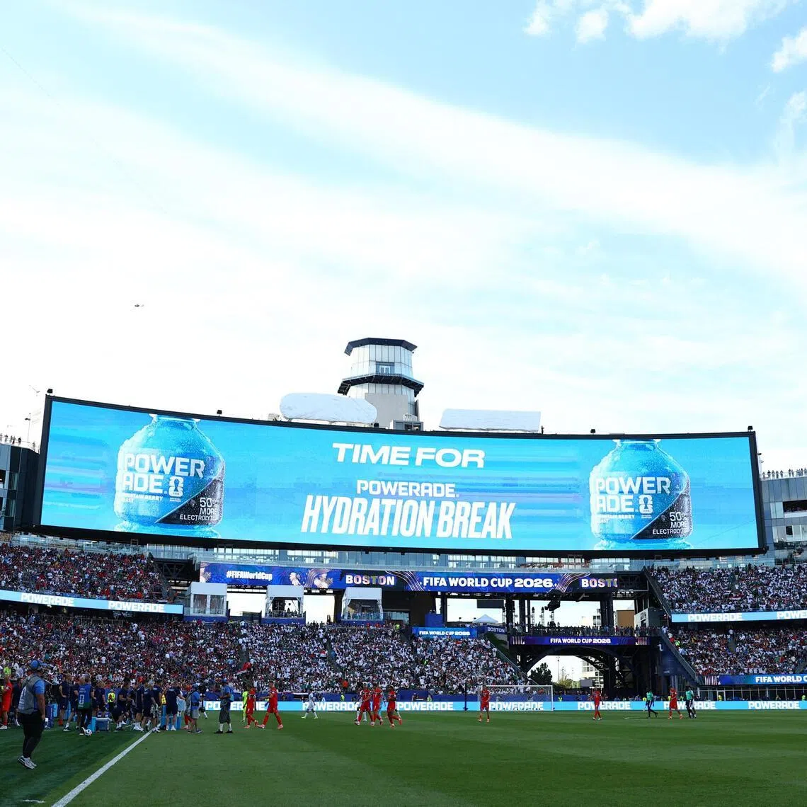 Soccer Football - FIFA World Cup 2026 - Group I - Iraq v Norway - Boston Stadium, Foxborough, Massachusetts, U.S. - June 16, 2026
General view of a big screen during the first half hydration break REUTERS/Peter Cziborra