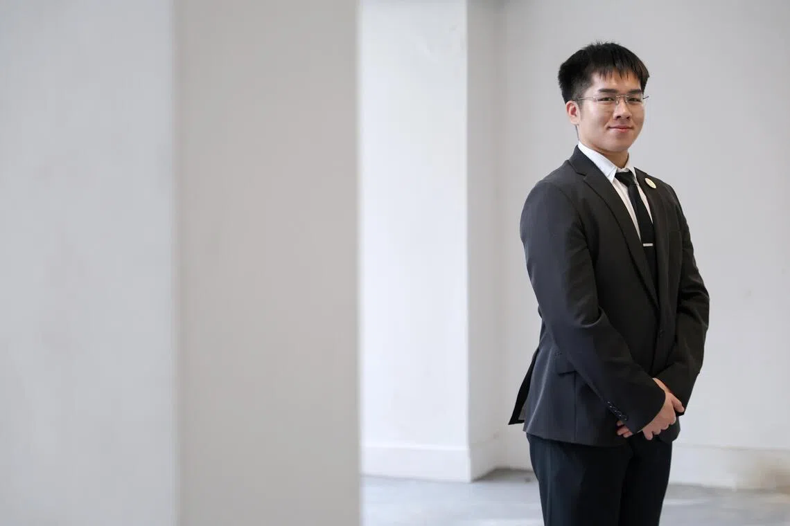 Shane Tan, 21, funeral director at SG 24 Hour Funeral Services, photographed at Block 205 Toa Payoh North on June 25, 2026.